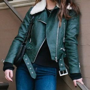 Zara Green Faux Leather Fur Trim Moto Jacket